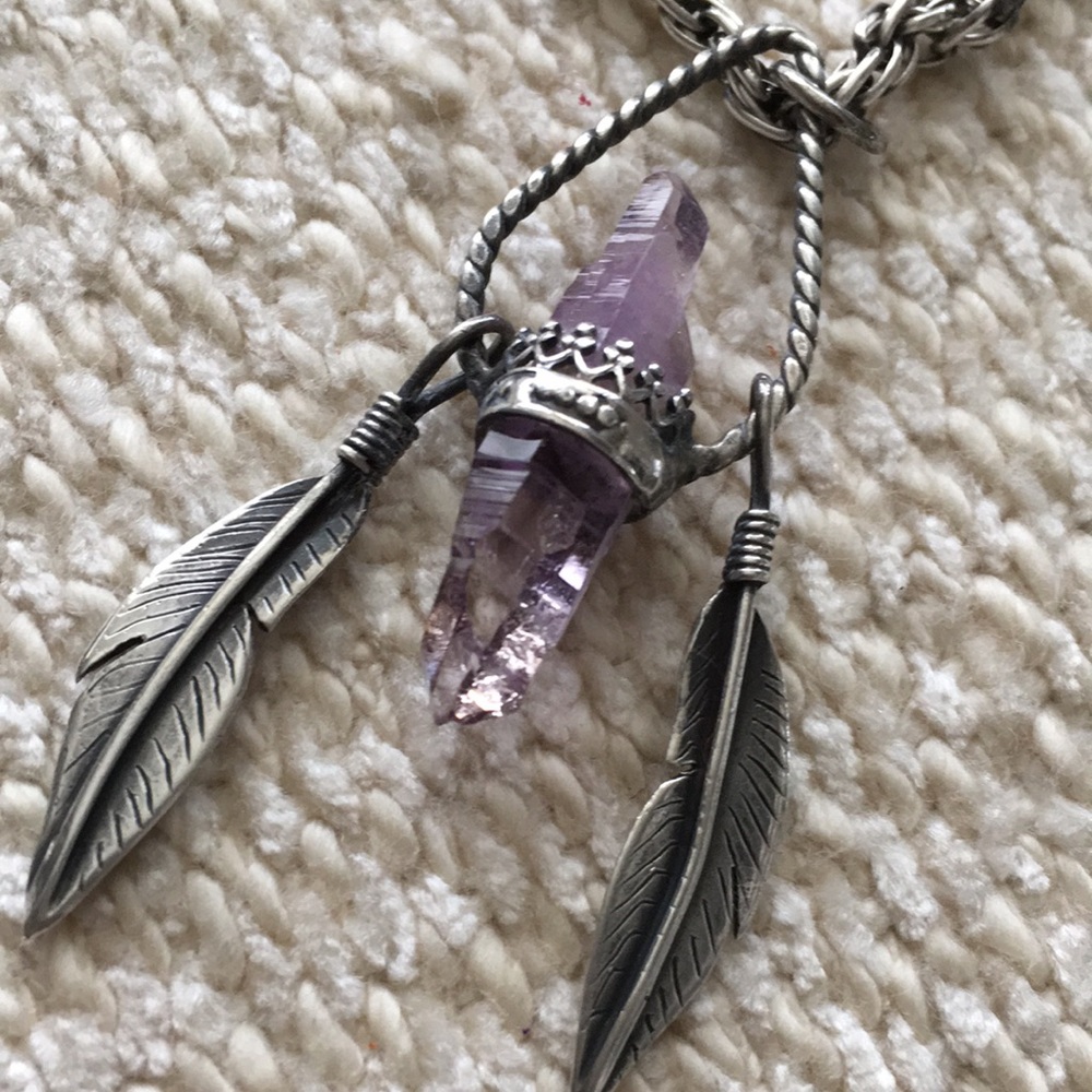 Amethyst, Silver Feather Pendant